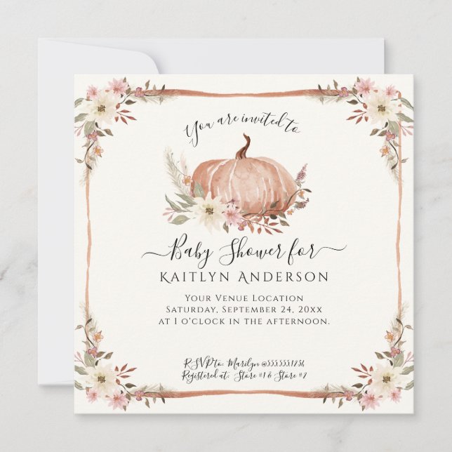 Fall Pink Floral Pumpkin Baby Shower QR code Invitation (Front)
