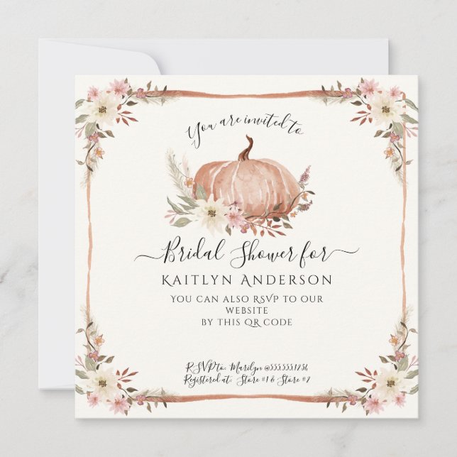 Fall Pink Floral Pumpkin Bridal Shower QR code Invitation (Front)