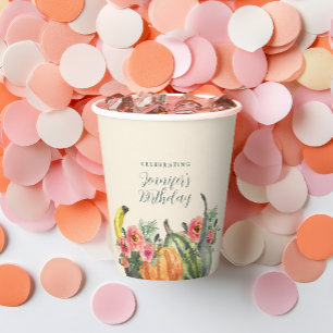 Fall Pink Floral Pumpkins Autumn Birthday Party Paper Cups