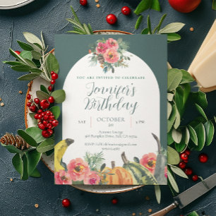 Fall Pink Floral Vibrant Pumpkins Birthday Party Invitation