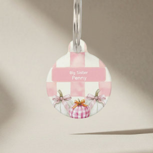 Fall Pink Pumpkin Gingham Baby Shower Big Sister Pet Tag