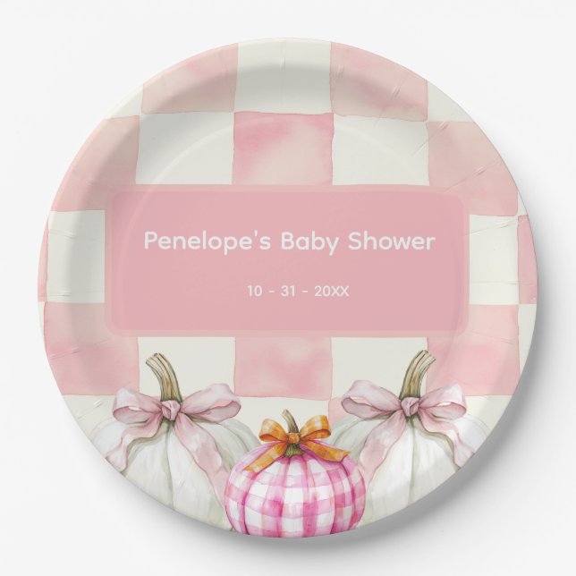 Fall Pink Pumpkin Gingham Girl Baby Shower Paper Plate (Front)