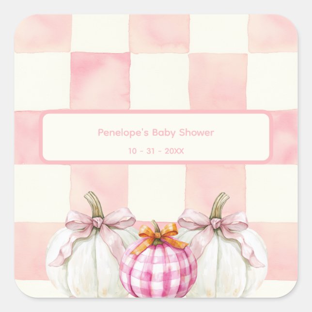 Fall Pink Pumpkin Gingham Girl Baby Shower Square Sticker (Front)