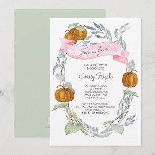 Fall Pink Pumpkin Greenery Baby Shower  Invitation