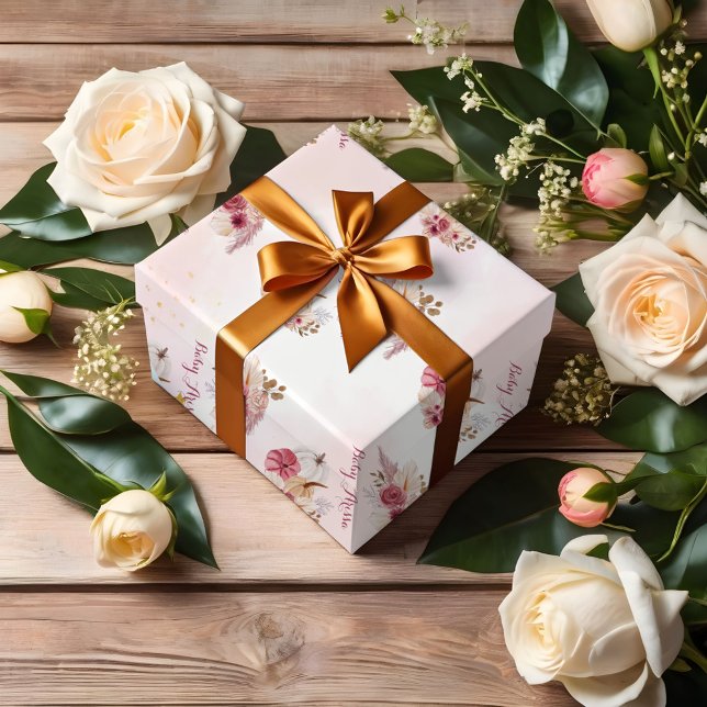 Fall pink Pumpkin Pampas Grass girl Baby Shower Wrapping Paper Sheet (Creator Uploaded)