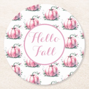 Fall Pink Pumpkin Round Paper Coaster