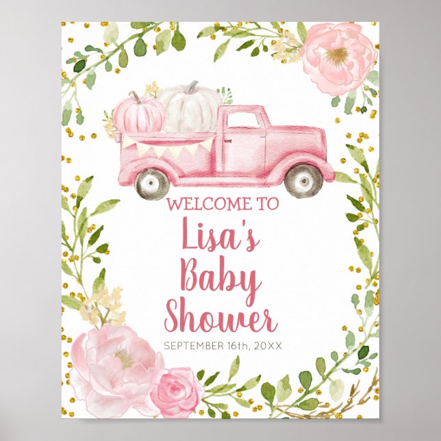 Fall Pink Pumpkin Truck Baby Shower Welcome Sign (Front)