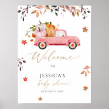 Fall pink pumpkin truck baby shower welcome sign