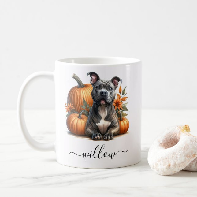 Fall Pitbull Dog Mug with Personalized Name (With Donut)