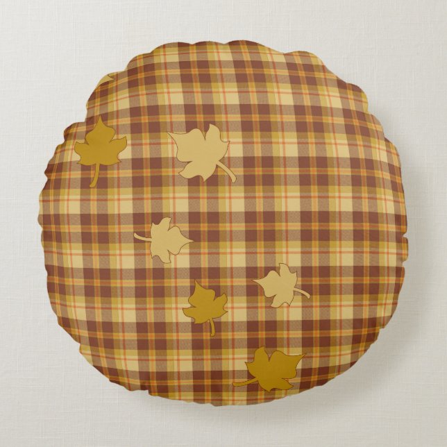 Fall Plaid Collection, Leaves Rnd Accent Pillow (Front)