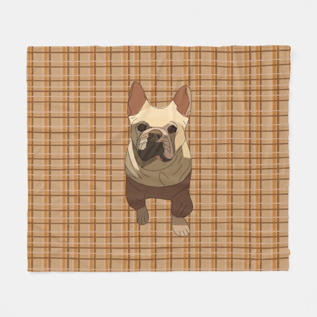 Fall Plaid French Bulldog Fleece Blanket (Front (Horizontal))