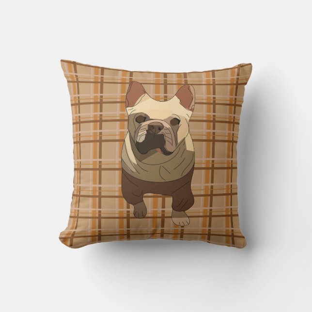 Fall Plaid French Bulldog Throw Pillow (Front)