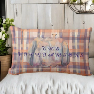 Fall plaid script pumpkin beige orange plum stripe lumbar pillow