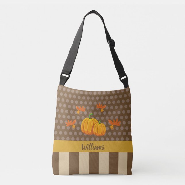 Fall Polka Dot Pumpkin with Family Name Crossbody Bag (Front)