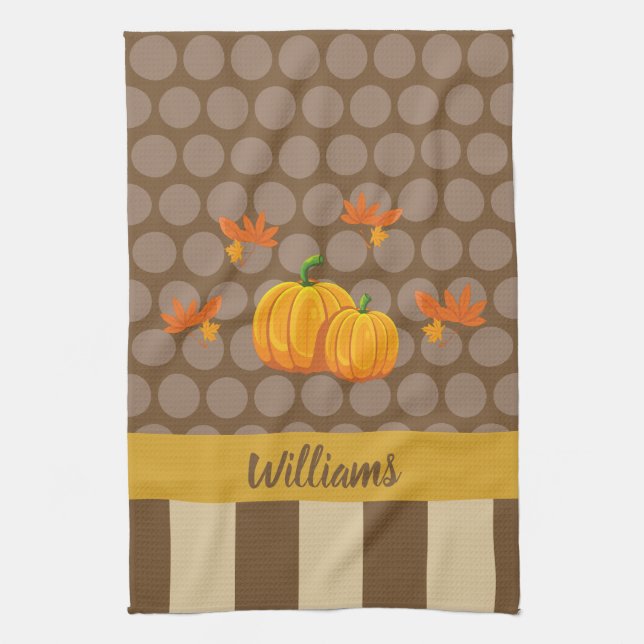Fall Polka Dot Pumpkin with Family Name Kitchen Towel (Vertical)