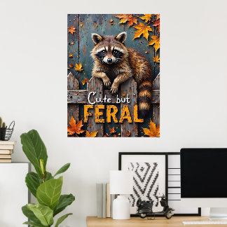 Fall Prowler: Raccoon on Weathered Fence Poster