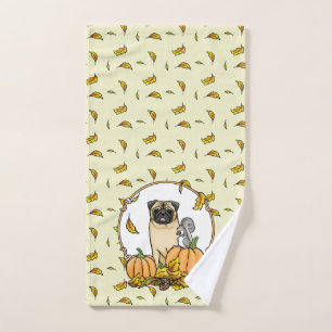 Fall Pug Dog (fawn) Pumpkins Leaves Cute Bath Towel Set