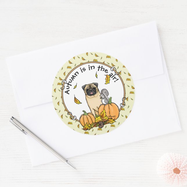 Fall Pug Dog (fawn) Pumpkins Leaves Cute Classic Round Sticker (Envelope)