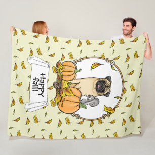 Fall Pug Dog (fawn) Pumpkins Leaves Cute Fleece Blanket