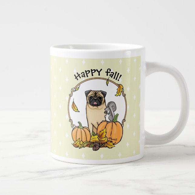 Fall Pug Dog (fawn) Pumpkins Leaves Cute Large Coffee Mug (Right)