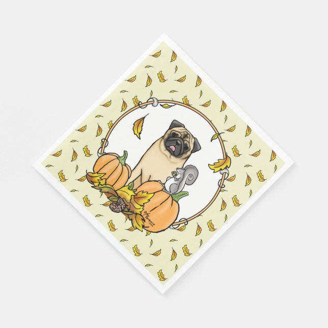 Fall Pug Dog (fawn) Pumpkins Leaves Cute Napkin (Corner)