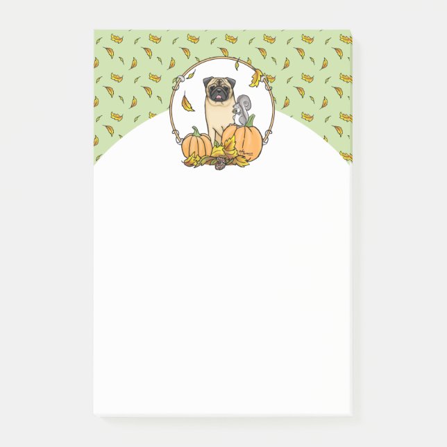 Fall Pug Dog (fawn) Pumpkins Leaves Cute Post-it Notes (Front)