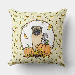 Fall Pug Dog (fawn) Pumpkins Leaves Cute Throw Pillow
