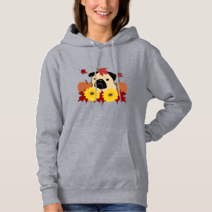 Fall Pug with Leaves, Pumpkins, and Sunflowers Hoodie