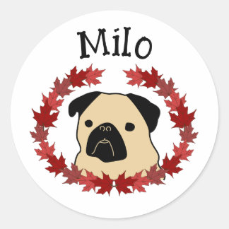 Fall Pug with Split Leaf Wreath Classic Round Sticker