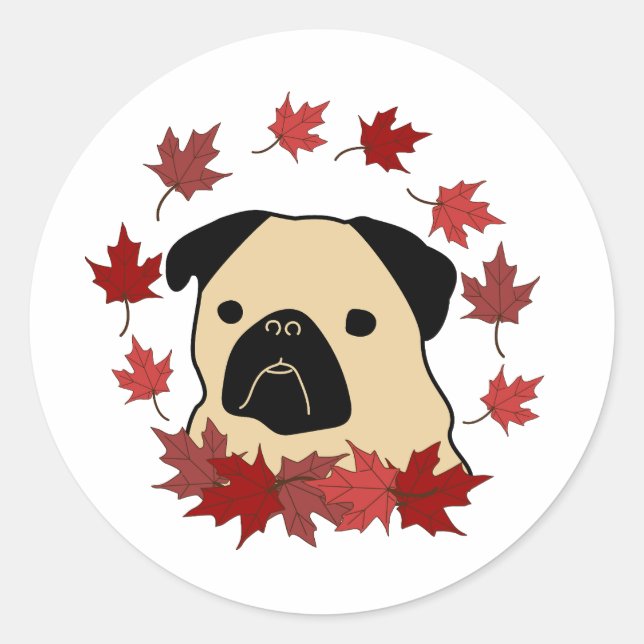 Fall Pug with Tossed Leaf Wreath Classic Round Sticker (Front)