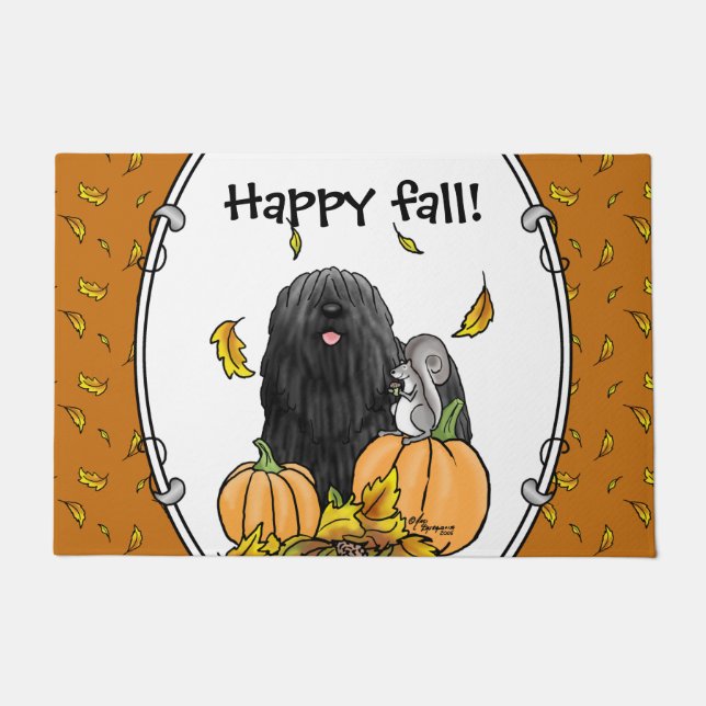 Fall Puli Dog (black) Pumpkins Leaves Cute Funny Doormat (Front)