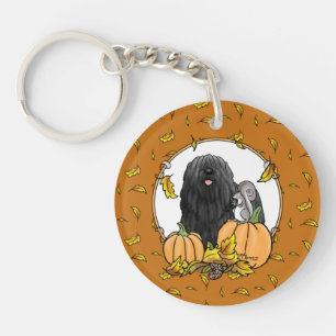 Fall Puli Dog (black) Pumpkins Leaves Cute Funny Keychain