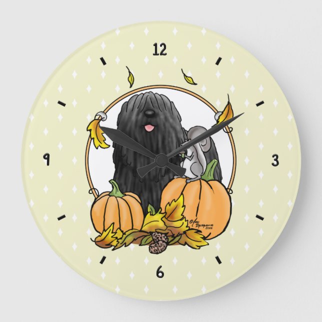 Fall Puli Dog (black) Pumpkins Leaves Cute Funny Large Clock (Front)