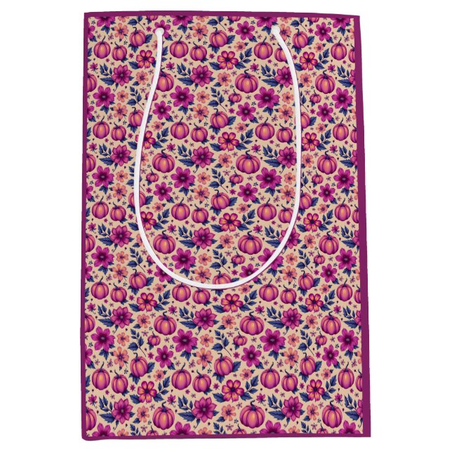 Fall Pumkins and Flowers Autumn Floral Pattern  Medium Gift Bag (Front)