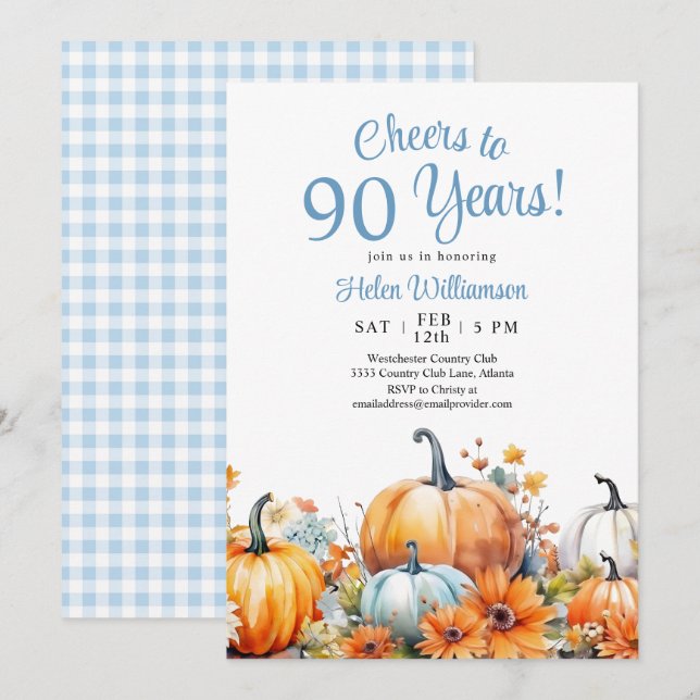 Fall Pumpkin 90th Birthday Cheers to 90 Years Invitation (Front/Back)