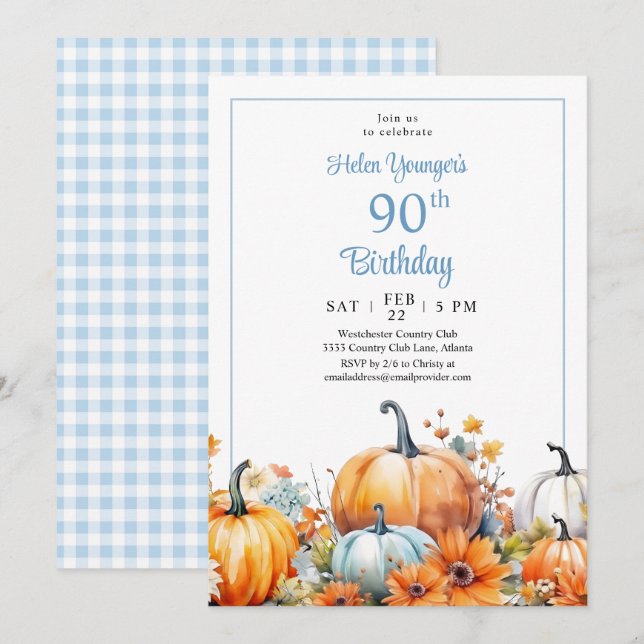 Fall Pumpkin 90th Birthday Floral Invitation (Front/Back)