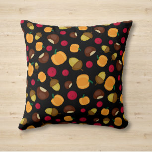 Fall Pumpkin Acorn Chestnut Berries Pattern Black Throw Pillow
