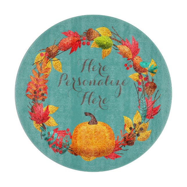 Fall pumpkin and autumn leaf wreath teal orange  cutting board (Front)