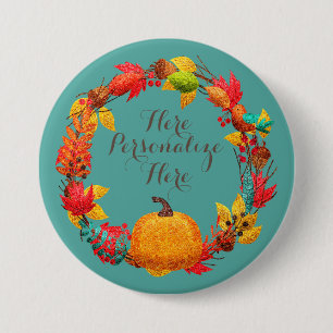 Fall pumpkin and autumn leaves wreath 3 inch round button