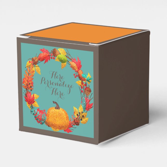 Fall pumpkin and autumn leaves wreath favor box (Front Side)