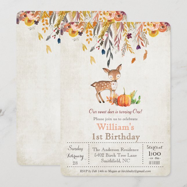 Fall Pumpkin and Deer 1st Birthday Invitation (Front/Back)