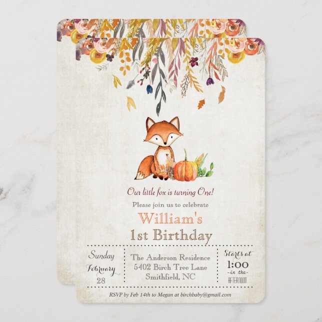 Fall Pumpkin and Fox 1st Birthday Invitation (Front/Back)