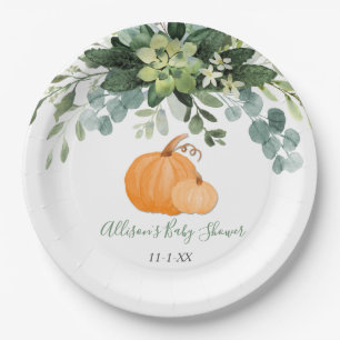 Fall pumpkin and greenery eucalyptus baby shower paper plate