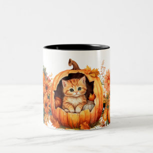 Fall Pumpkin and Kitten  Two-Tone Coffee Mug