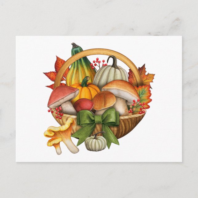 Fall Pumpkin and Mushroom Basket Harvest  Postcard (Front)