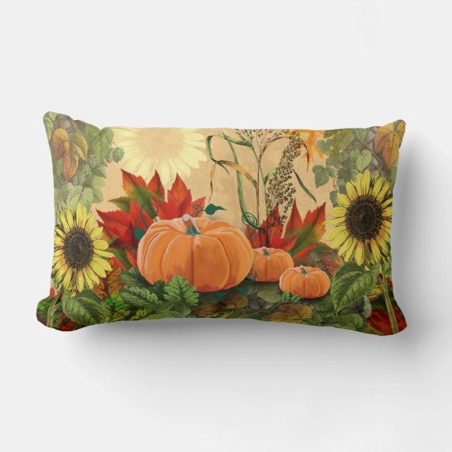 Fall Pumpkin and Sunflowers Lumbar Pillow (Front)
