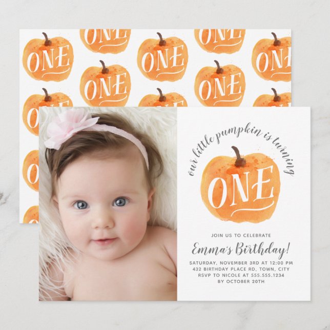 Fall Pumpkin Autumn First Birthday Invitation (Front/Back)