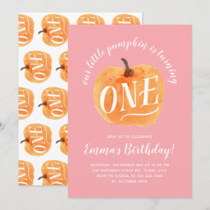 Fall Pumpkin Autumn First Birthday Pink Invitation