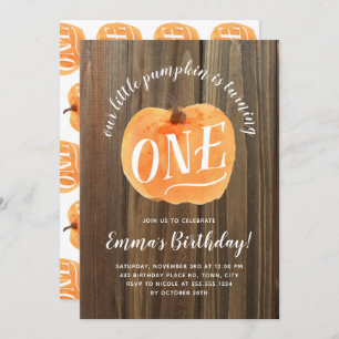 Fall Pumpkin Autumn First Birthday Rustic Wood Invitation