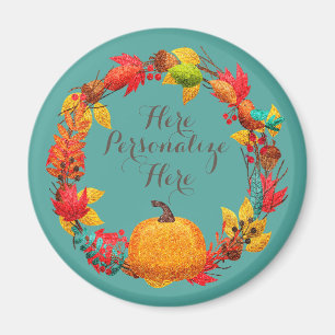 Fall pumpkin autumn leaf bird wreath teal orange magnet